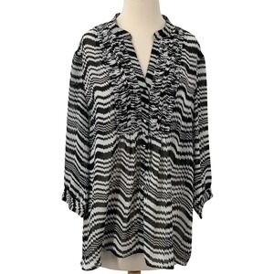 Chico's 3/4 Sleeve Button Down‎ Sheer Blouse Ruffle Front Black/White Zigzag 2/L